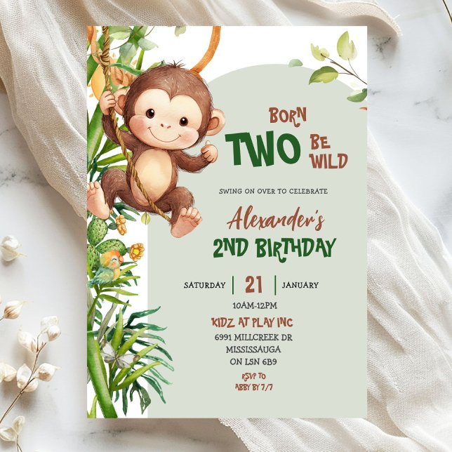 Invitation Green Safari Monkey Born Two Be Wild 2nd Birthday (Créateur téléchargé)