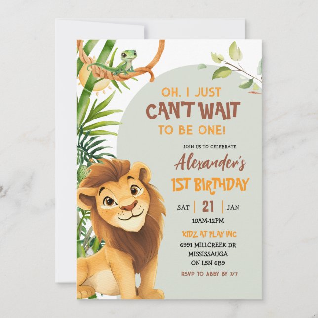 Invitation Green Savannah Lion Theme First Birthday (Devant)