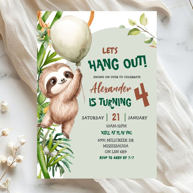 Invitation Green Savannah Sloth Let's Hang Out Birthday (Créateur téléchargé)