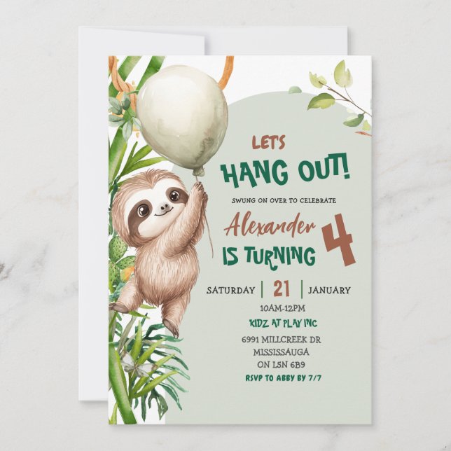 Invitation Green Savannah Sloth Let's Hang Out Birthday (Devant)