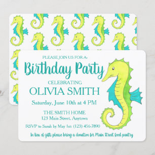 Invitation Green Seahorse Sea Horse Beach fête d'anniversaire