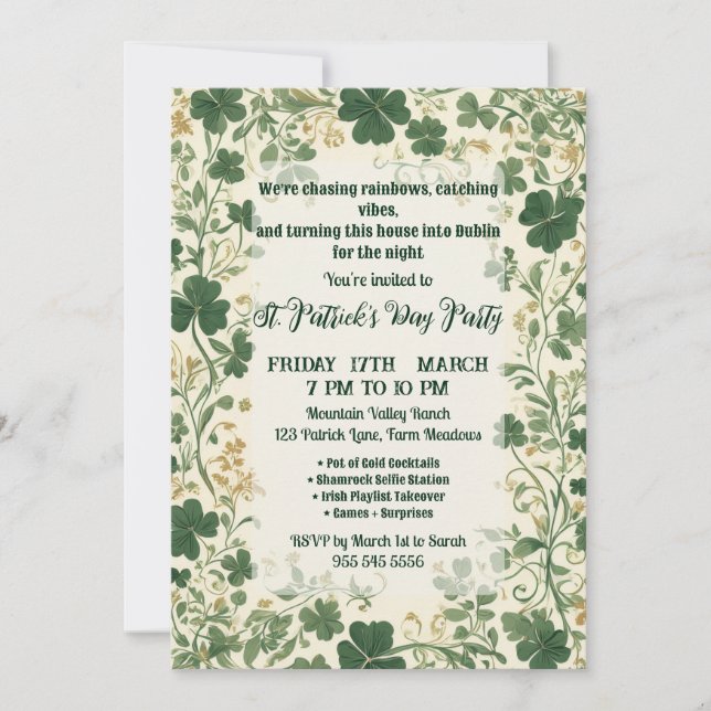 Invitation Green Shamrock Vines Funky Saint Patrick's Party  (Devant)