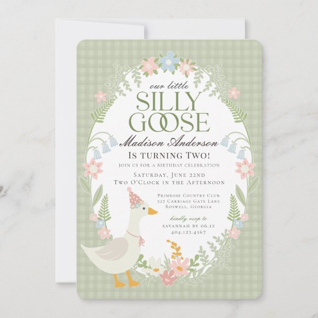 Invitation Green Silly Goose Floral En vichy fête d'anniversa (Devant)
