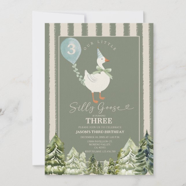 Invitation Green Silly Goose Winter Forest Boy 3e anniversair (Devant)