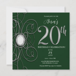 Invitation Green & Silver Diamond 20 20e fête d'anniversaire
