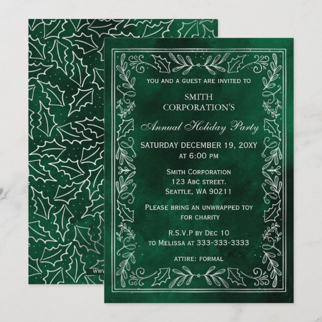 Invitation Green Silver Elegant Corporate Holiday Party (Devant / Derrière)