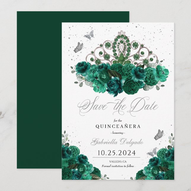 Invitation Green & Silver Tiara Sauvez La Date Quinceañera (Devant / Derrière)