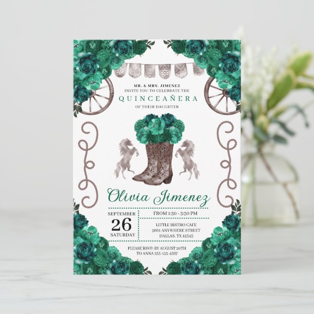 Invitation Green Silver Western Charra Boots Quinceañera (Debout devant)