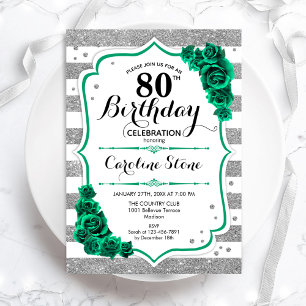 Invitation Green Silver White Stripes Rose 80e anniversaire