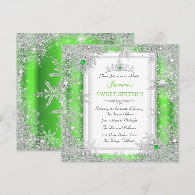 Invitation Green Silver Winter Wonderland Sweet 16 Snowflake (Devant / Derrière)