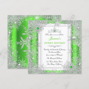 Invitation Green Silver Winter Wonderland Sweet 16 Snowflake