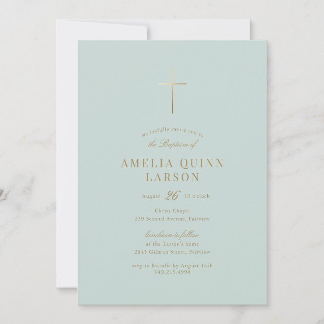 Invitation Green Simple Elegant Gold Cross Baptism (Devant)