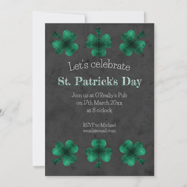 Invitation Green Sparkle Shamrock Grey St Patrick Day (Devant)