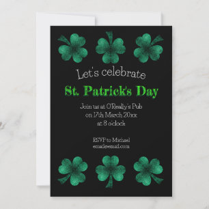 Invitation Green Sparkle Shamrock noir St Patrick Day