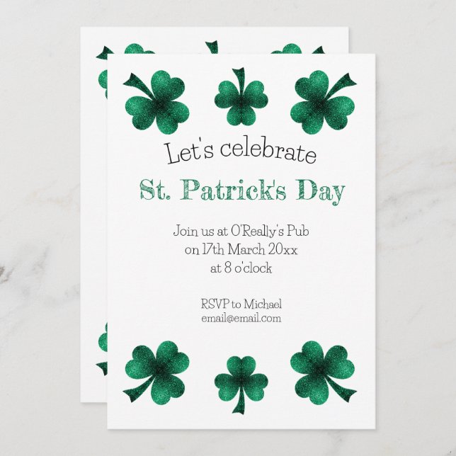 Invitation Green Sparkle Shamrock St. Patrick's Day White (Devant / Derrière)