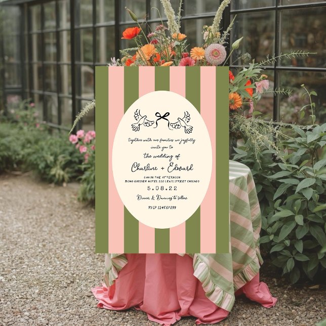 Invitation Green Striped Gold Star Wedding  (Créateur téléchargé)