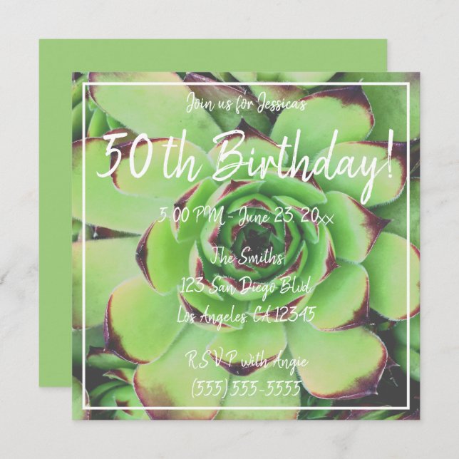 Invitation Green Succulent Photo 50e anniversaire (Devant / Derrière)