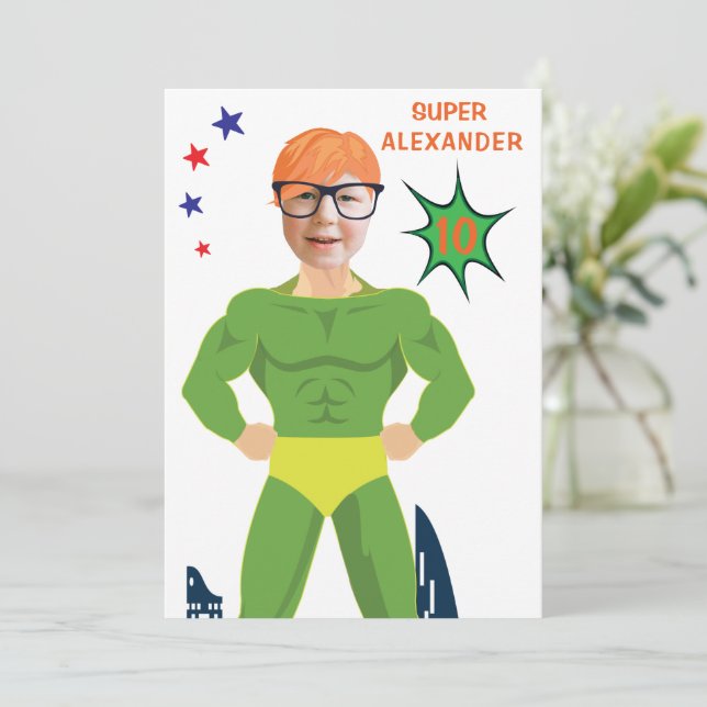 Invitation Green Superhero Muscle Homme Aqua Fun Anniversaire (Debout devant)
