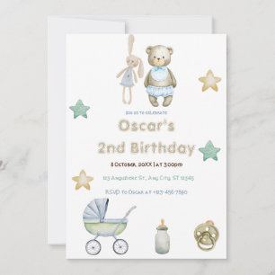 Invitation Green Teddy Bear avec Stars Boy 2e anniversaire