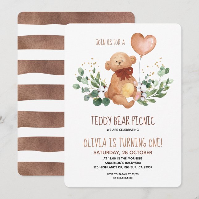 Invitation Green Teddy Bear Pique-nique Baby Anniversaire (Devant / Derrière)