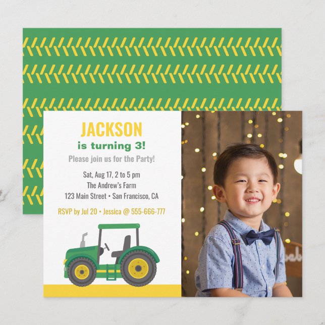 Invitation Green Tractor Boys Anniversaire Party avec photo (Devant / Derrière)