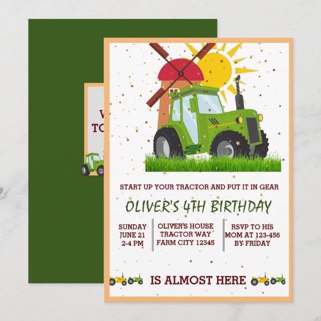 Invitation Green Tractor Boys Thème Anniversaire Fête (Devant / Derrière)