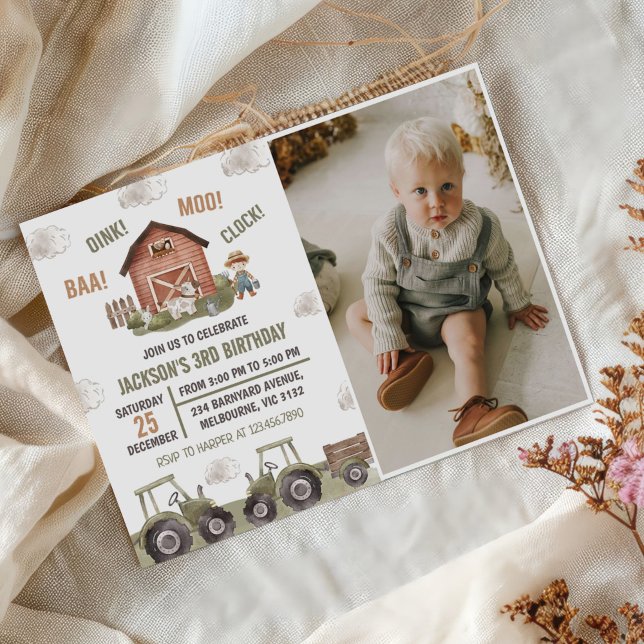 Invitation Green Tractor Farm Boy 3ème anniversaire de fête P (Créateur téléchargé)
