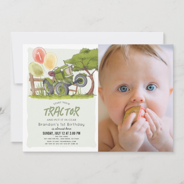 Invitation Green Tractor Farm Boy Photo 1er anniversaire (Devant)