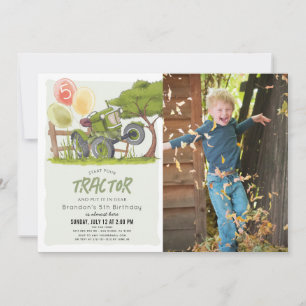 Invitation Green Tractor Farm Boy Photo Anniversaire