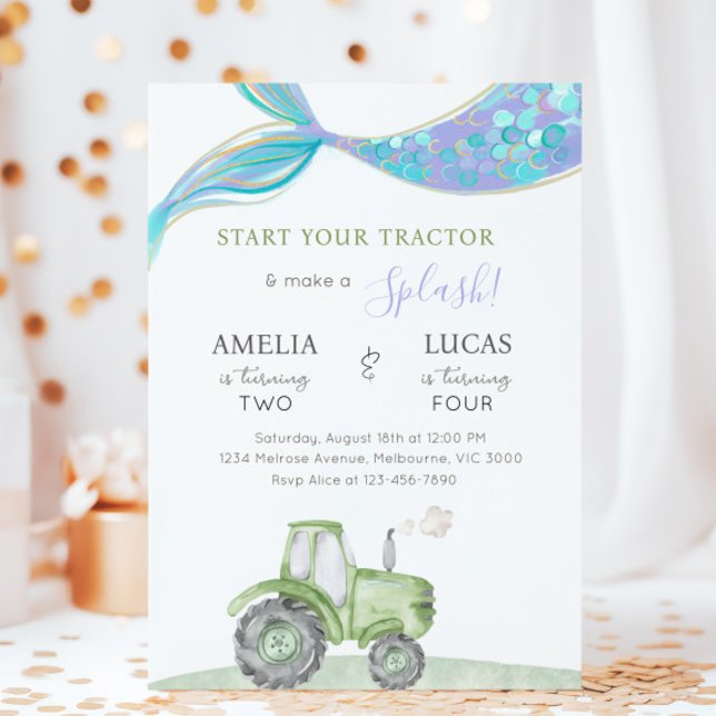 Invitation Green Tractor & Mermaid Siblings Joint Birthday (Créateur téléchargé)