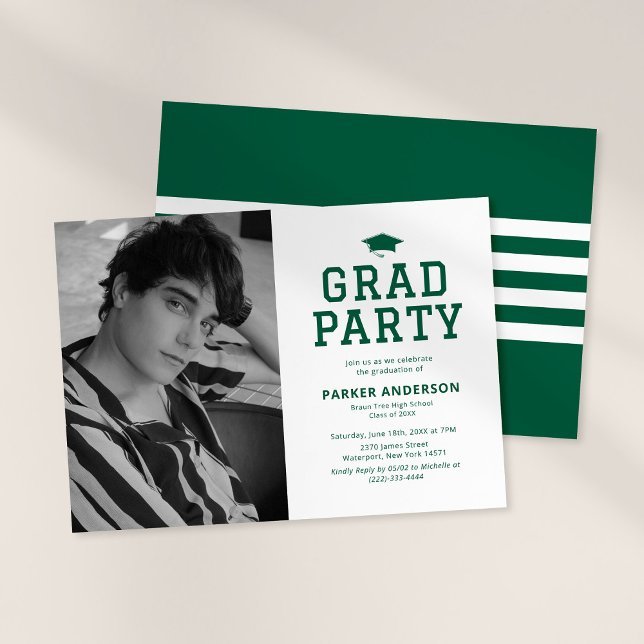Invitation Green Varsity Photo Graduation Party (Créateur téléchargé)