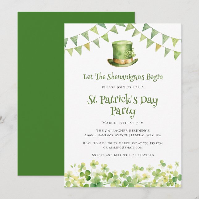 Invitation Green Watercolor Shamrock St Patrick's Day Party (Devant / Derrière)