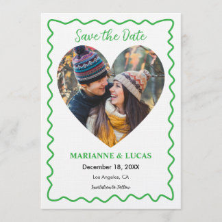 Invitation Green Wavy Frame Heart Photo Save the Date Card