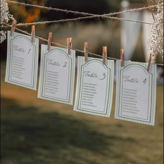 Invitation Green Wedding Striped Table Seating Chart Cards (Créateur téléchargé)