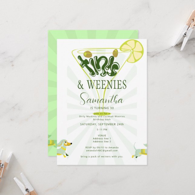 Invitation Green Weenies & Tinis Funny Martini fête d'anniver (Devant/Arrière en situation)