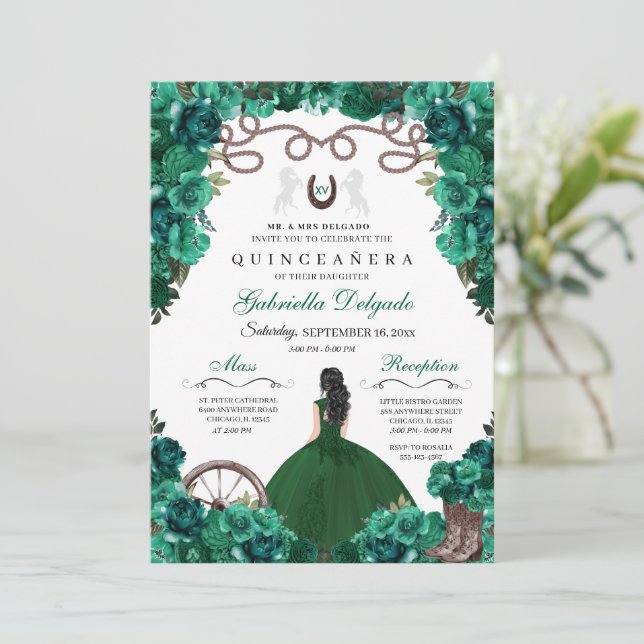 Invitation Green Western Charra Girl Ranchero Quinceanera (Debout devant)