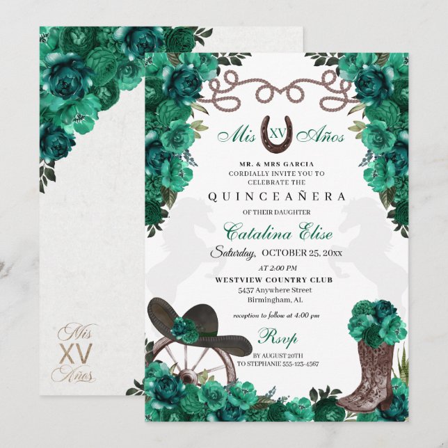 Invitation Green Western Charro Ranchero Quinceanera (Devant / Derrière)