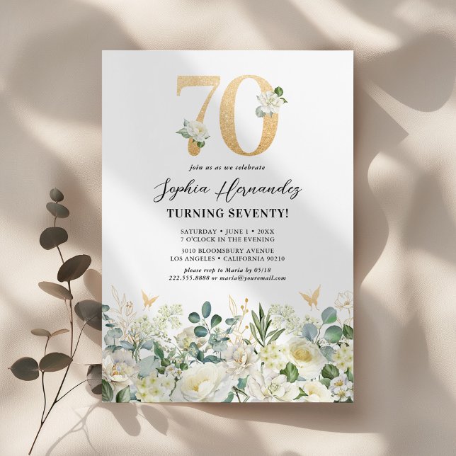 Invitation Green & White Floral 70e fête d'anniversaire (Créateur téléchargé)