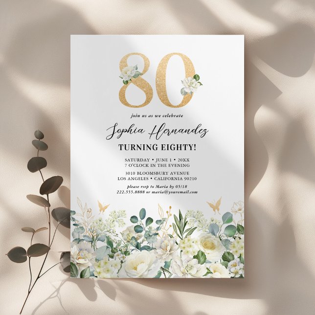 Invitation Green & White Floral 80e fête d'anniversaire (Créateur téléchargé)
