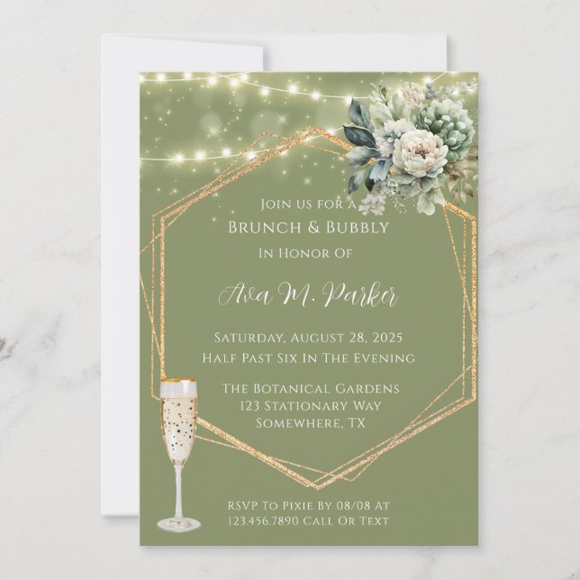 Invitation Green White Peony Lights Brunch & Bubbly (Devant)