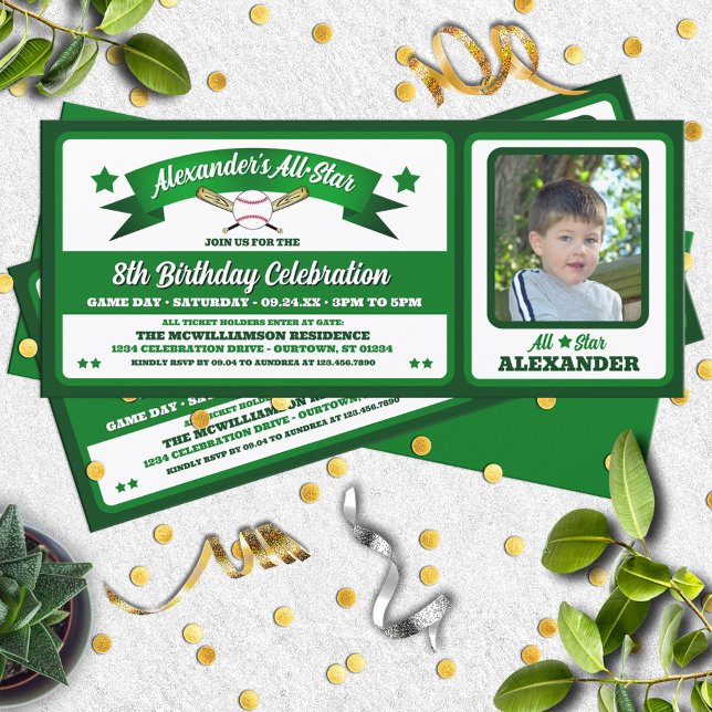 Invitation Green & White Photo Baseball Game Ticket Birthday (Créateur téléchargé)