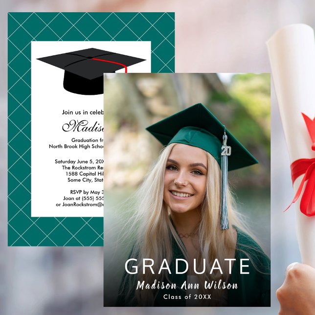 Invitation Green White Photo Graduation Classe de Parti 20XX (Green White Photo Graduation Class of 20XX Party Invitation)