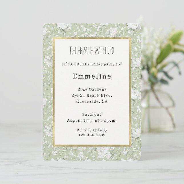 Invitation Green White Romantic Floral Birthday (Debout devant)