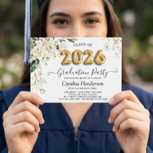 Invitation Green White Roses Floral Classe de 2025 Graduation
