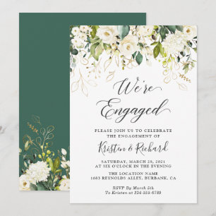 Invitation Green White Roses Gold Floral Engagement Party