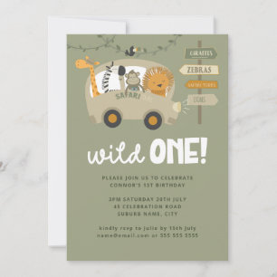 Invitation Green Wild One Safari Animaux premier anniversaire