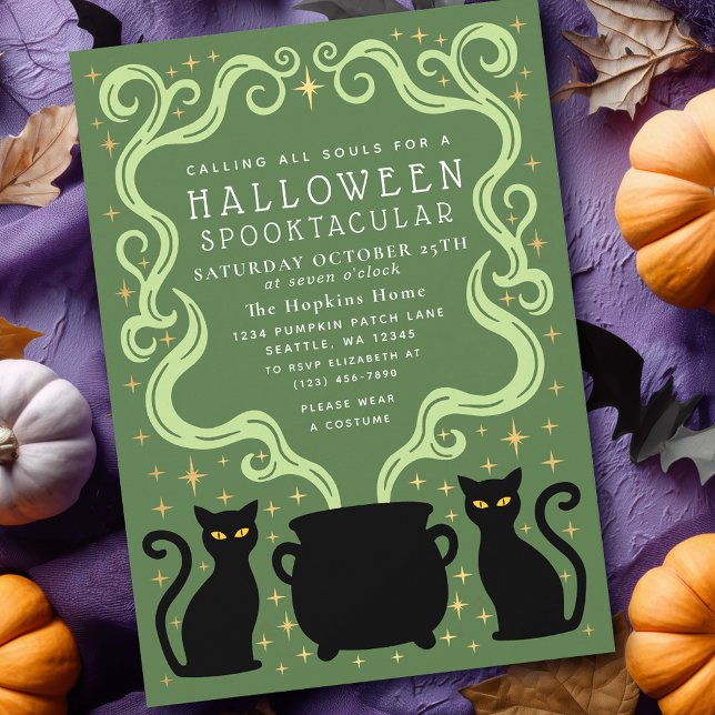 Invitation Green Witchy Black Cat Cauldron Halloween Party (Créateur téléchargé)