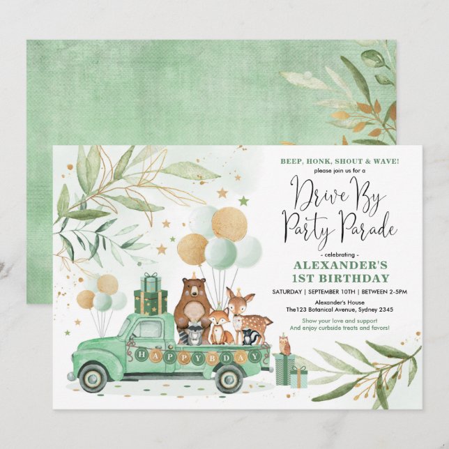 Invitation Green Woodland Drive By Birthday Party Parade (Devant / Derrière)