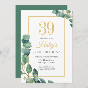 Invitation Green Wreath Chic Gold & Sage 39E Anniversaire