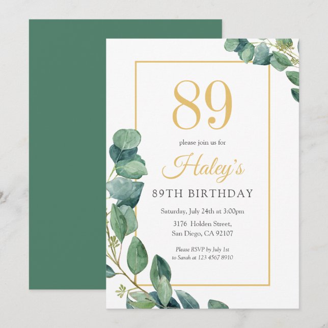 Invitation Green Wreath Chic Gold & Sage 89E Anniversaire (Devant / Derrière)
